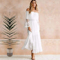 Women's White Elegant Off Shoulder Long Bell Sleeve Lace Embroidered Cuff Smocked Waist Maxi Dress for Evening Occasions