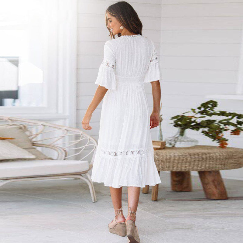 Women’s White V-Neck Lace Trim Midi Dress with Flutter Sleeves and Elastic Waist