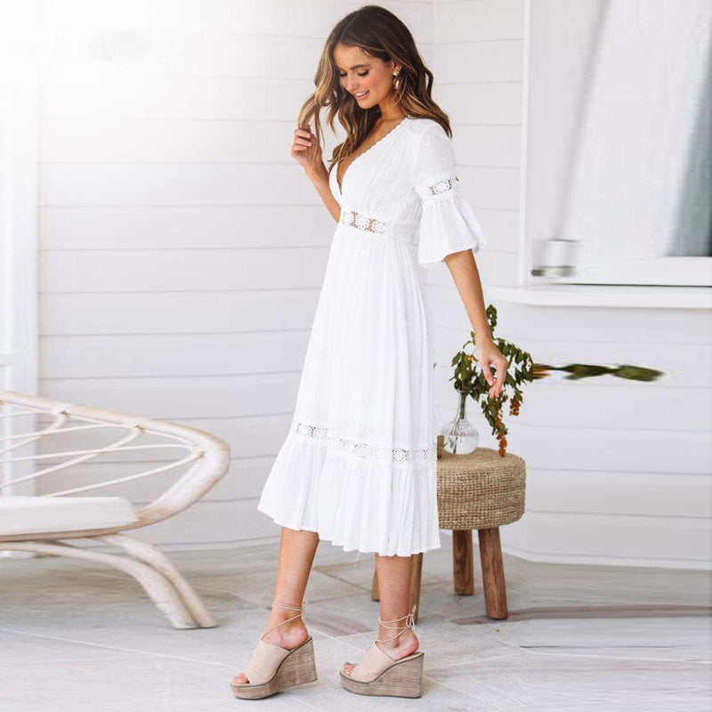 Women’s White V-Neck Lace Trim Midi Dress with Flutter Sleeves and Elastic Waist