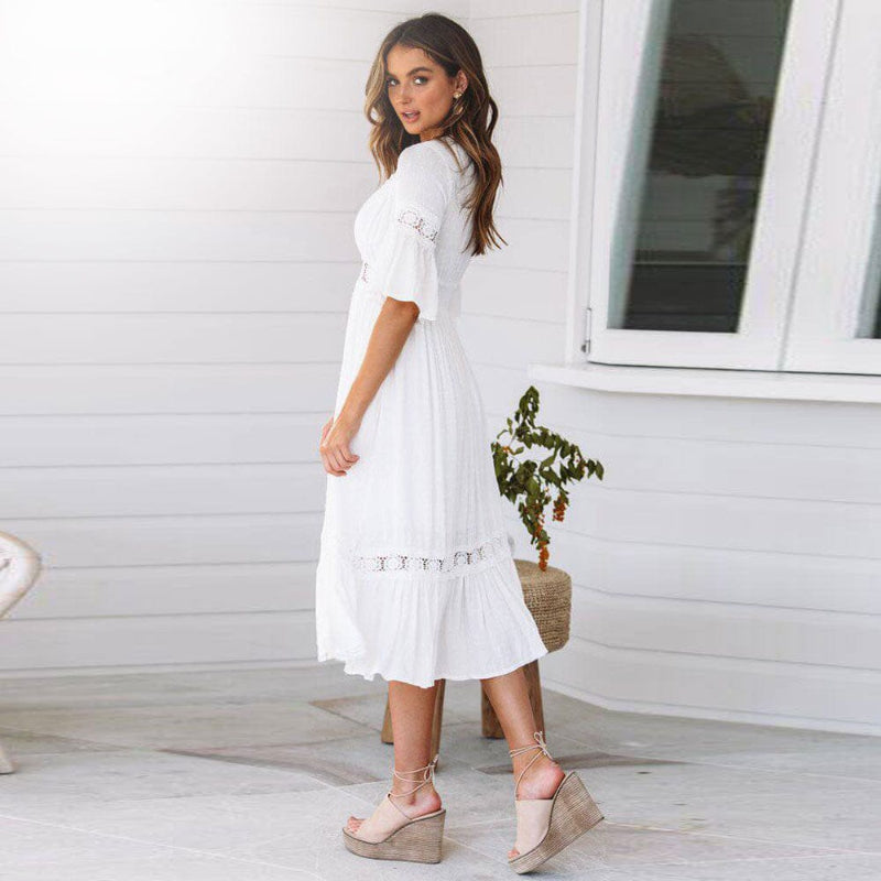Women’s White V-Neck Lace Trim Midi Dress with Flutter Sleeves and Elastic Waist