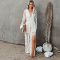Women’s Long Sleeve Sheer Lace Maxi Dress with Deep V-Neck and High Slit