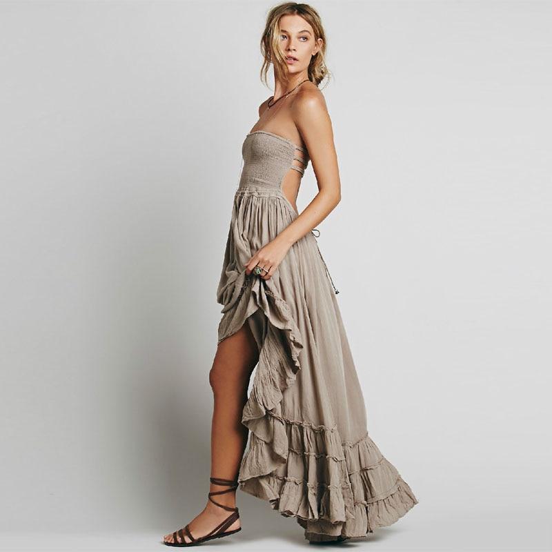 Women's Halter Neck Smocked Bodice Open Back Multi-Strap Tiered Ruffle Hem Maxi Dress
