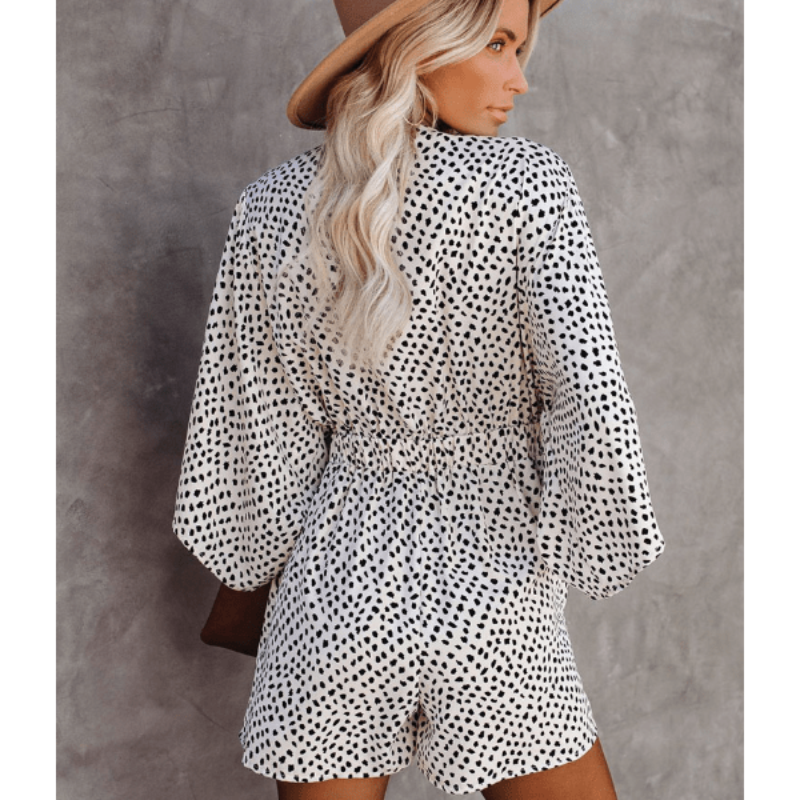 Women’s Deep V-Neck Tie Front Printed Romper with Wide Sleeves and Elastic Waist