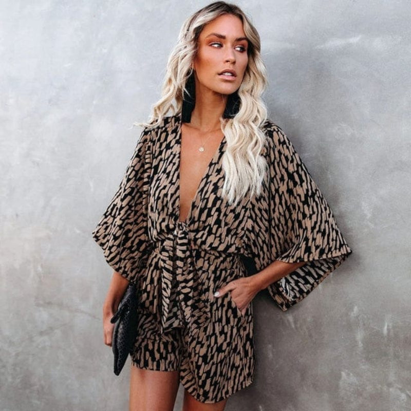 Women’s Deep V-Neck Tie Front Printed Romper with Wide Sleeves and Elastic Waist