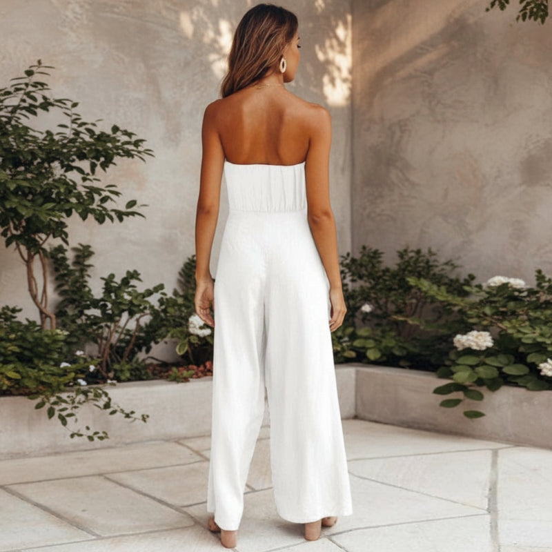 Women's Strapless Bandeau Crop Top and High-Waist Wide-Leg Trouser Set - Self-Tie Evening Two-Piece Suit