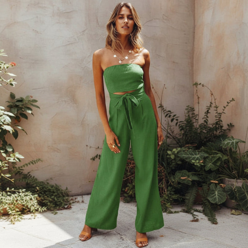 Women's Strapless Bandeau Crop Top and High-Waist Wide-Leg Trouser Set - Self-Tie Evening Two-Piece Suit