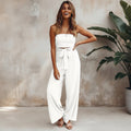Women's Strapless Bandeau Crop Top and High-Waist Wide-Leg Trouser Set - Self-Tie Evening Two-Piece Suit