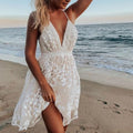 Women’s Sleeveless Deep V-Neck Mini Dress with Lace Overlay and Open Back