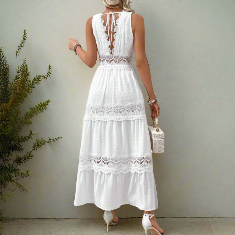 Women’s White Sleeveless V-Neck Maxi Dress with Lace Panels and Tie Back
