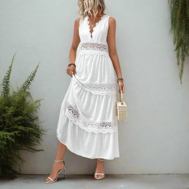 Women’s White Sleeveless V-Neck Maxi Dress with Lace Panels and Tie Back