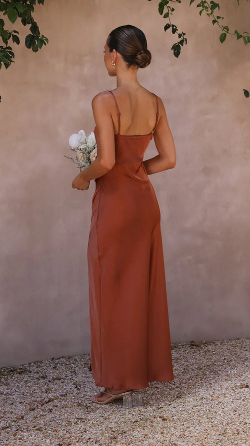 Women's Satin Maxi Dress - Square Neck and Ruched Side with Split