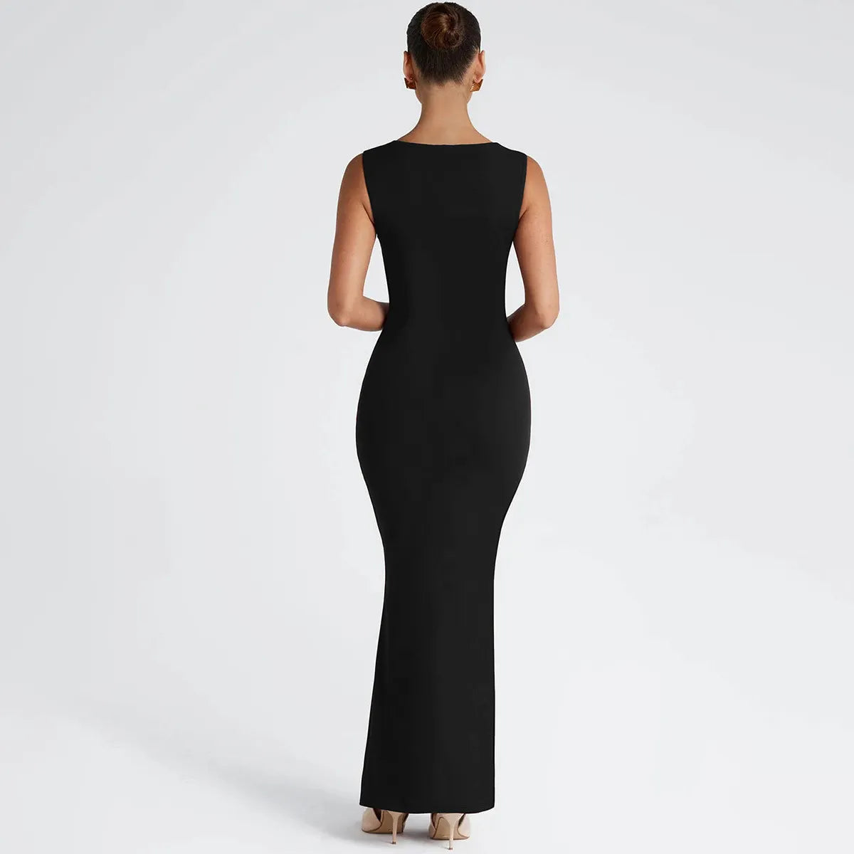 Women's Square Neck Bodycon Maxi Dress - Draped Bodice Detail with Wide Shoulder Straps and Scoop Back
