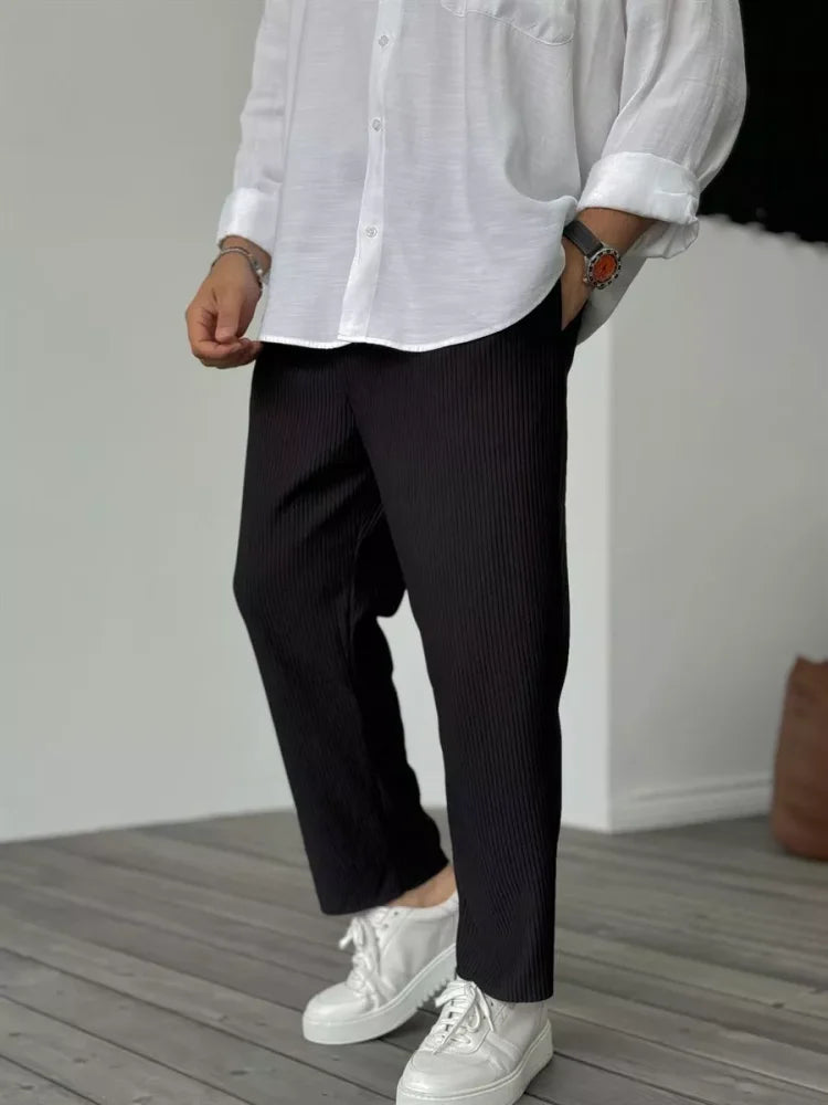 Men's Ribbed Straight-Leg Trousers - Relaxed Fit with Elasticated Waist and Pockets