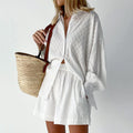 Women's Summer Set - Broderie Stripe Short Set - Oversized Long-Sleeve Shirt and Matching Shorts Casual Summer Outfit
