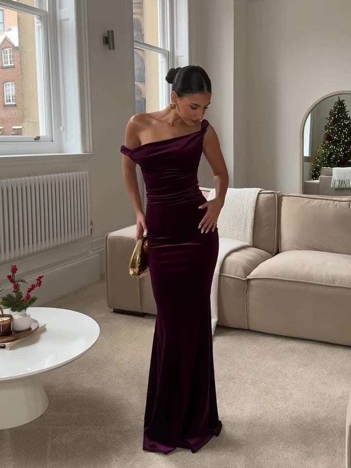 Women’s One Shoulder Ruched Maxi Dress with Fitted Silhouette