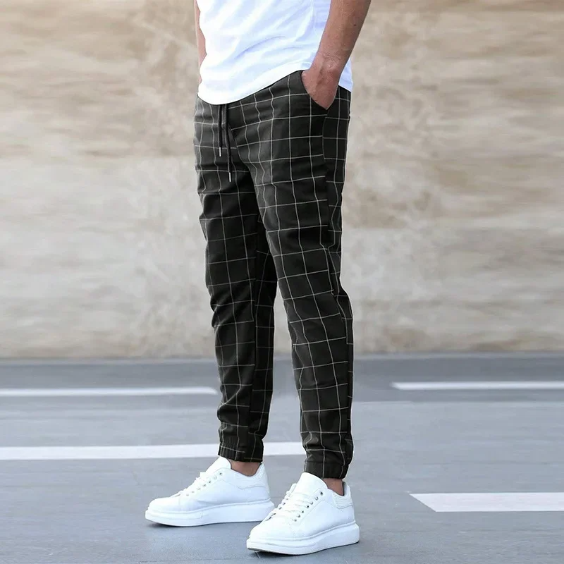 Men's Windowpane Check Chino Trousers - Slim Fit Tapered Pants with Elastic Drawstring Waist and Ribbed Cuffs