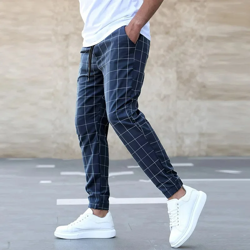 Men's Windowpane Check Chino Trousers - Slim Fit Tapered Pants with Elastic Drawstring Waist and Ribbed Cuffs