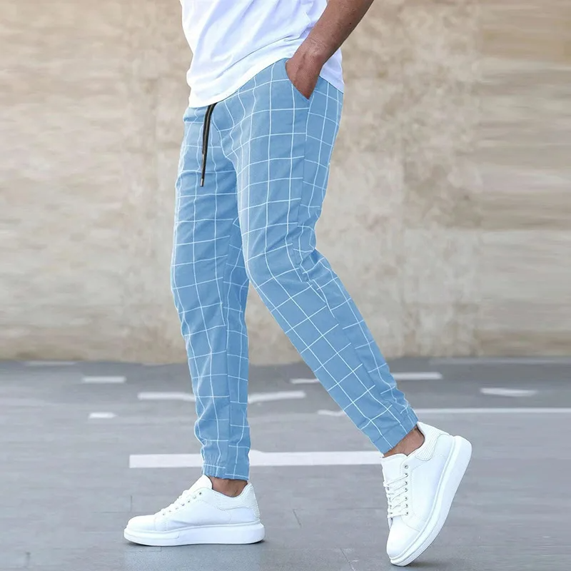 Men's Windowpane Check Chino Trousers - Slim Fit Tapered Pants with Elastic Drawstring Waist and Ribbed Cuffs