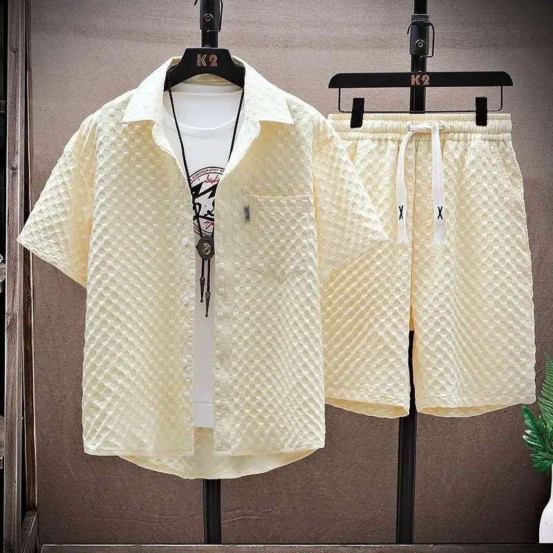 Men's Diamond Jacquard Short Set - Short Sleeve Button-Up Shirt and Drawstring Shorts Two-Piece