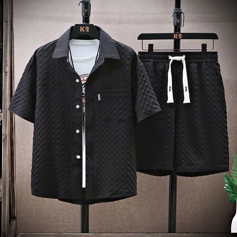 Men's Diamond Jacquard Short Set - Short Sleeve Button-Up Shirt and Drawstring Shorts Two-Piece