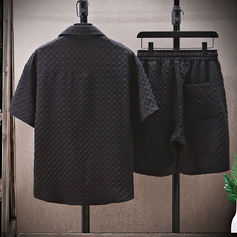 Men's Diamond Jacquard Short Set - Short Sleeve Button-Up Shirt and Drawstring Shorts Two-Piece