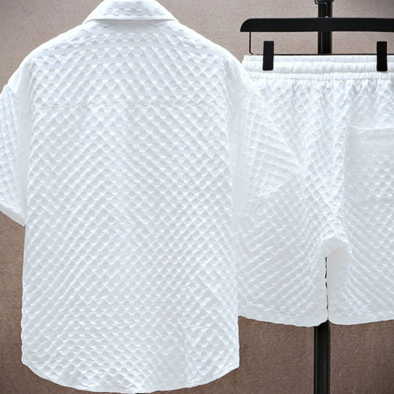 Men's Diamond Jacquard Short Set - Short Sleeve Button-Up Shirt and Drawstring Shorts Two-Piece
