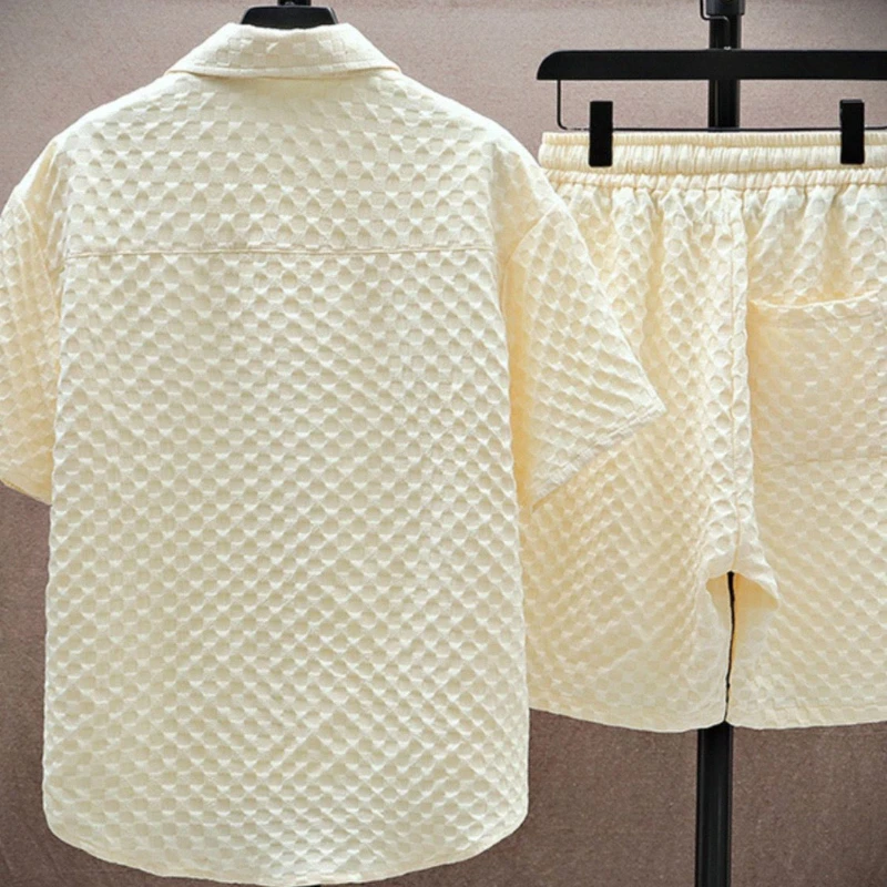 Men's Diamond Jacquard Short Set - Short Sleeve Button-Up Shirt and Drawstring Shorts Two-Piece