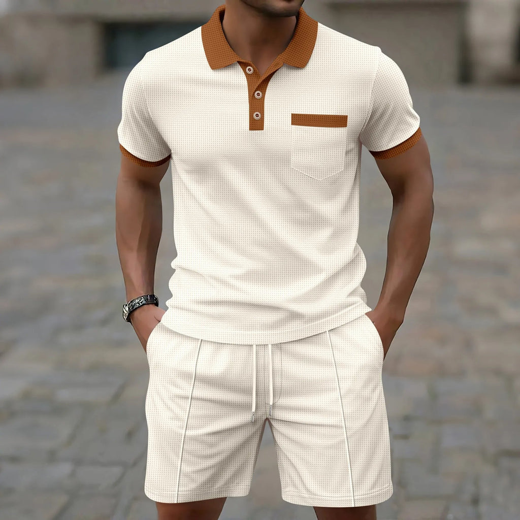 Men's Waffle Texture Short Set - Casual Summer Polo Shirt and Drawstring Shorts with Contrast Trim