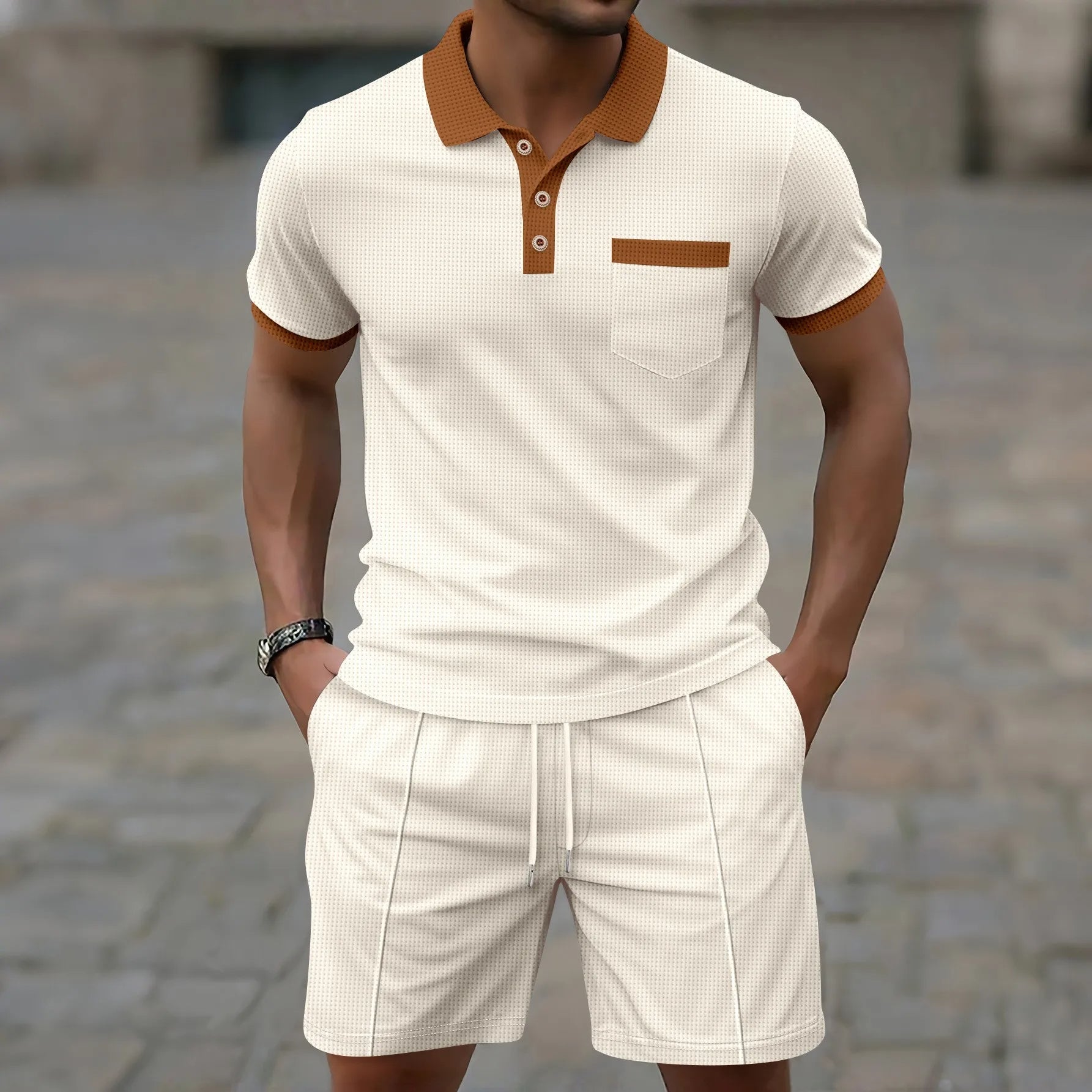 Men's Waffle Texture Short Set - Casual Summer Polo Shirt and Drawstring Shorts with Contrast Trim