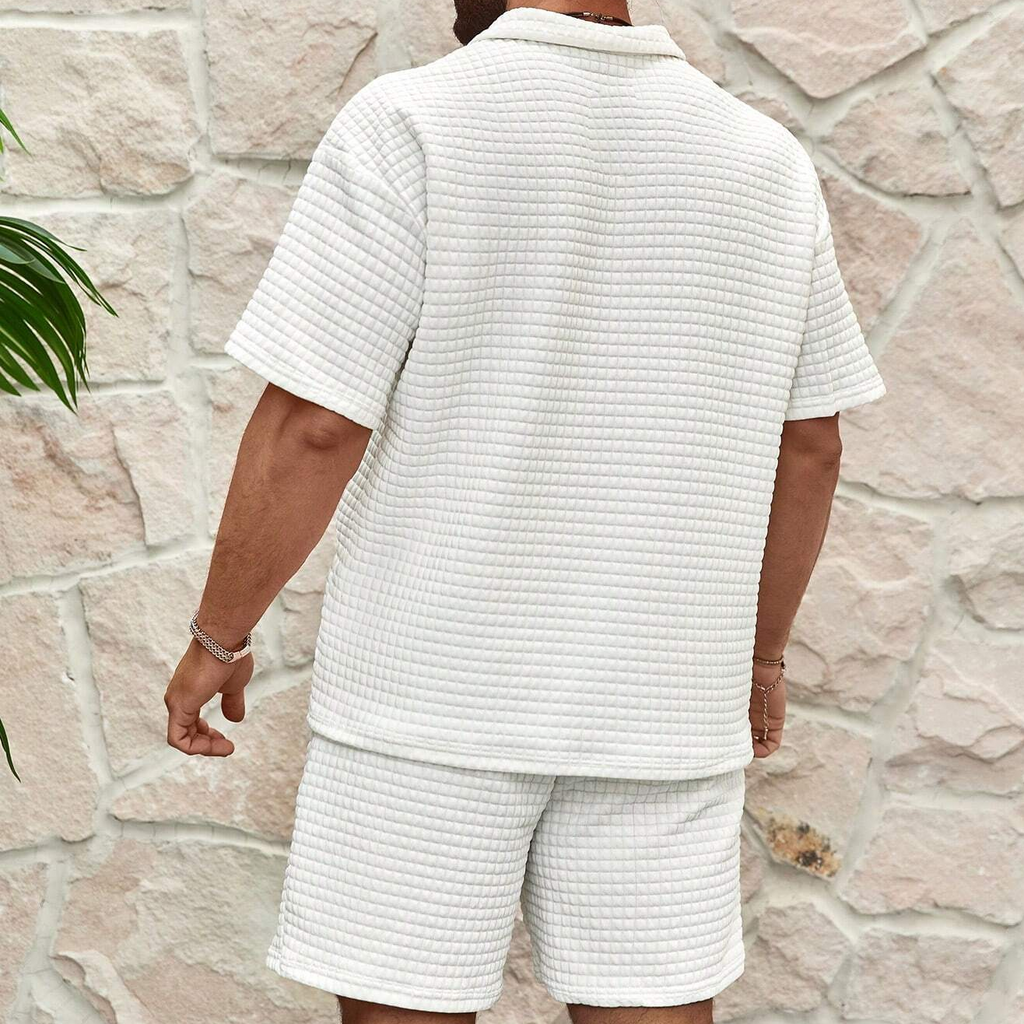 Men's Two-Piece Set - Waffle Texture Short Set - Casual Summer Zip-Polo Short Sleeve Top and Elasticated Shorts