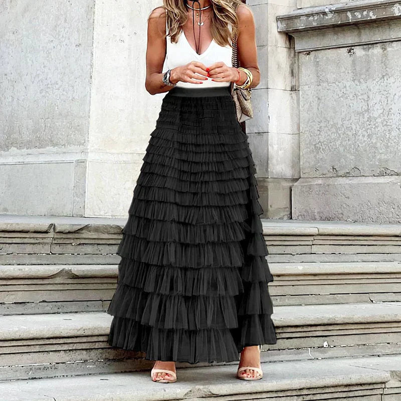 Women's Tiered Tulle Maxi Skirt - Elasticated High Waist and Multi-Layer Ruffles