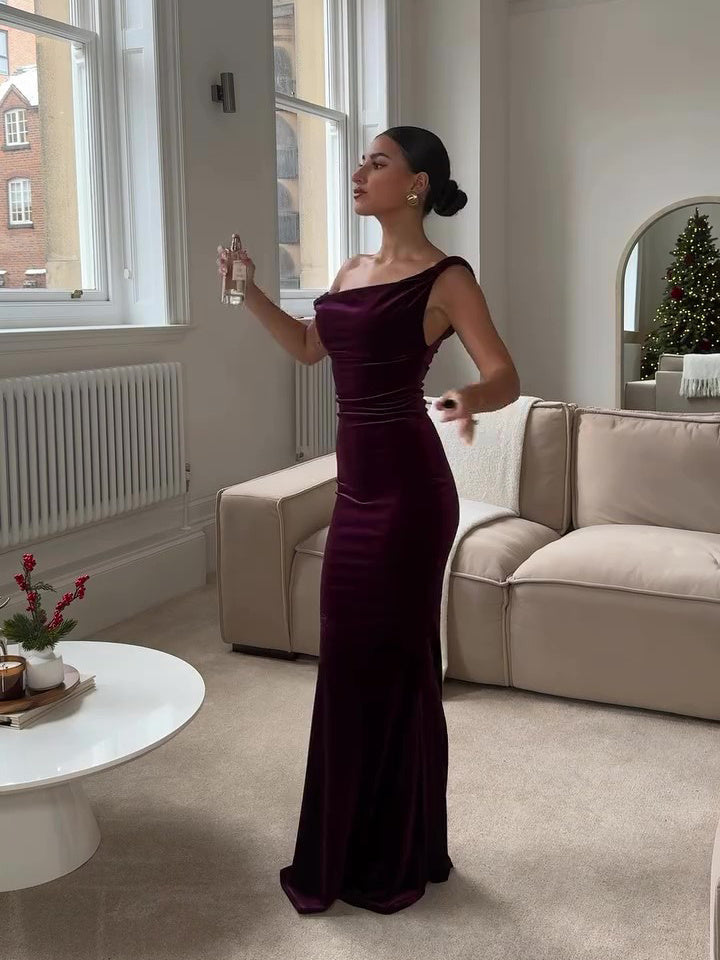 Women’s One Shoulder Ruched Maxi Dress with Fitted Silhouette