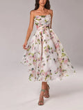 Women’s Floral Print Strapless Midi Dress with Full Skirt