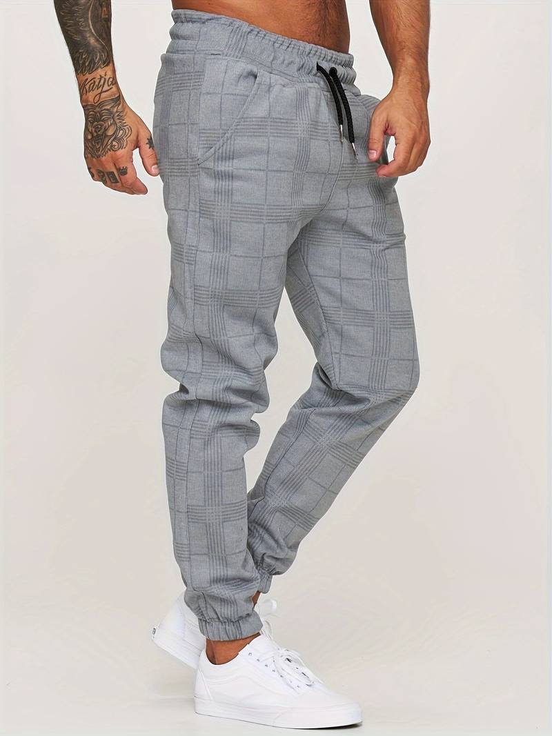 Men's Plaid Tapered Leg Jogger Trousers - Elasticated Drawstring Waist with Cuffs and Side Pockets