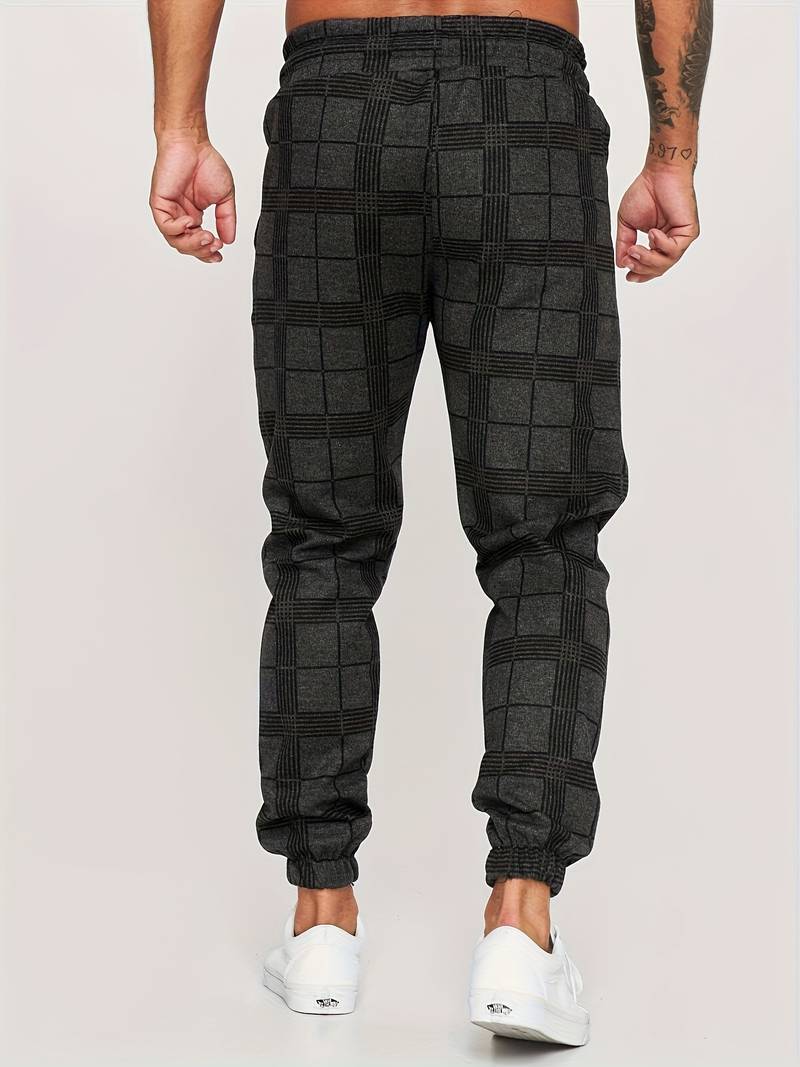 Men's Plaid Tapered Leg Jogger Trousers - Elasticated Drawstring Waist with Cuffs and Side Pockets
