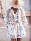 Women’s Printed Two-Piece Shirt and Shorts Set – Sun Motif Summer Co-Ord