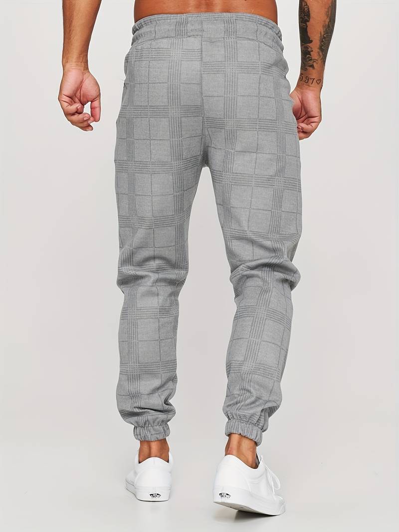 Men's Plaid Tapered Leg Jogger Trousers - Elasticated Drawstring Waist with Cuffs and Side Pockets