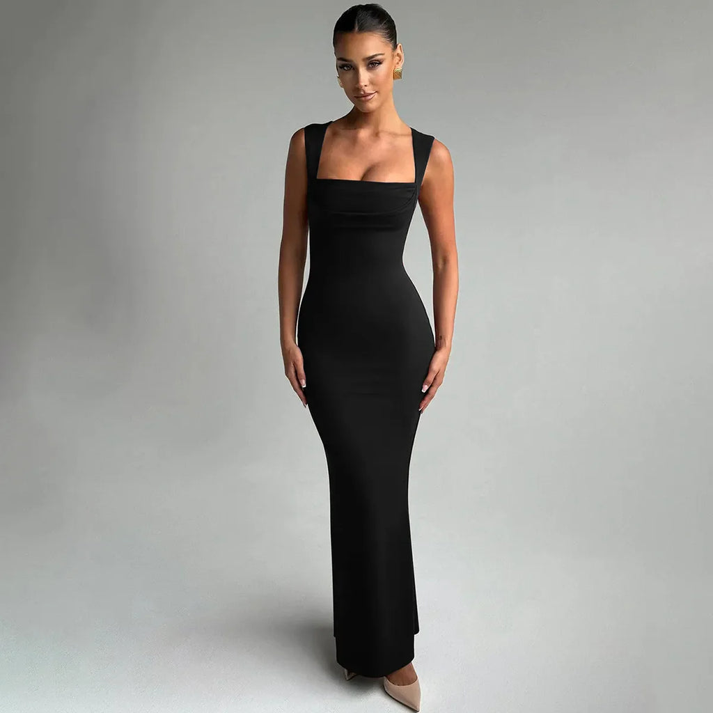 Women's Square Neck Bodycon Maxi Dress - Draped Bodice Detail with Wide Shoulder Straps and Scoop Back