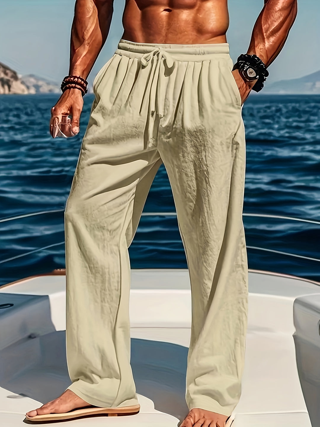 Men’s Straight Leg Casual Trousers with Elasticated Waist and Adjustable Drawstring
