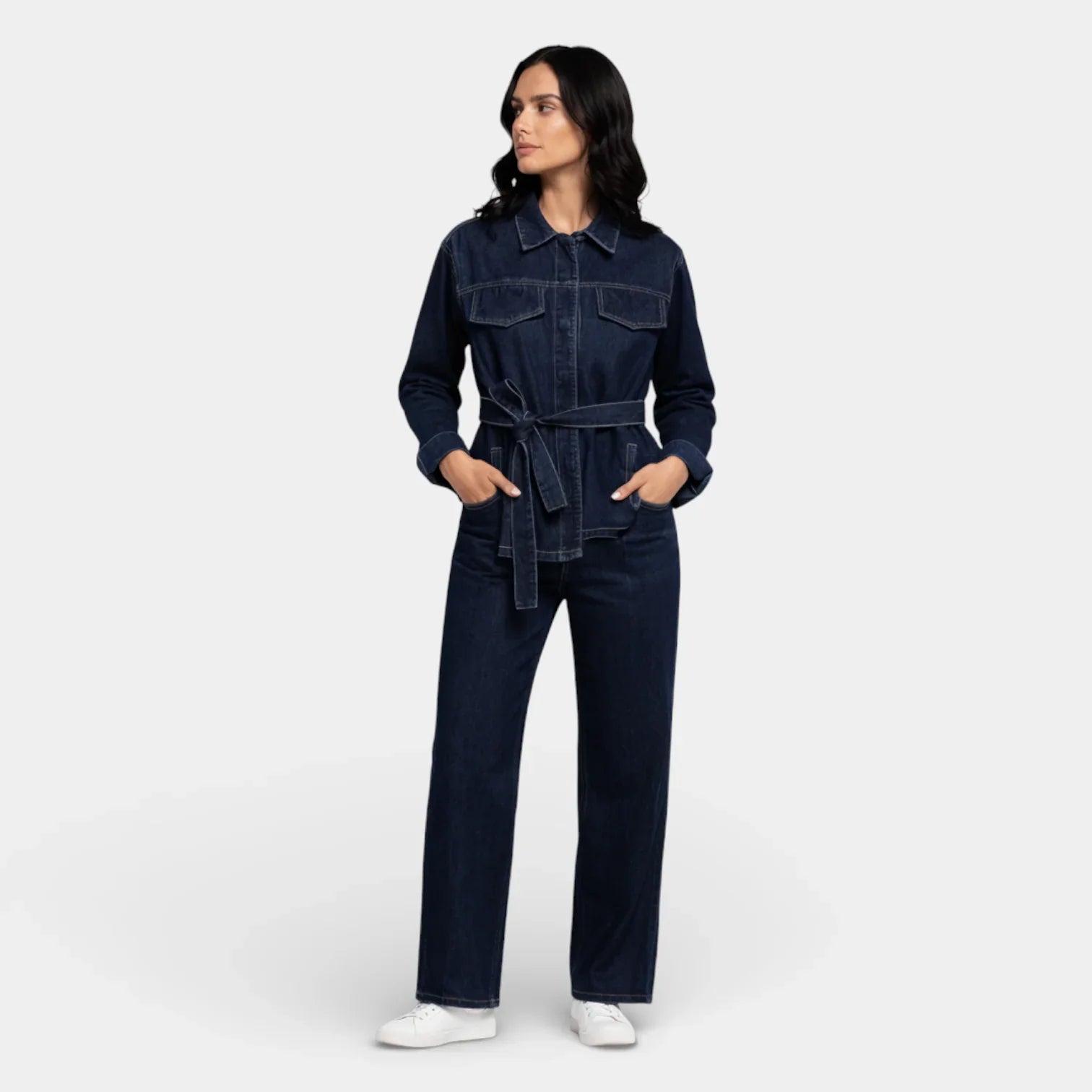 Women’s Denim Two Piece Set with Button Front Jacket and Straight Leg Jeans