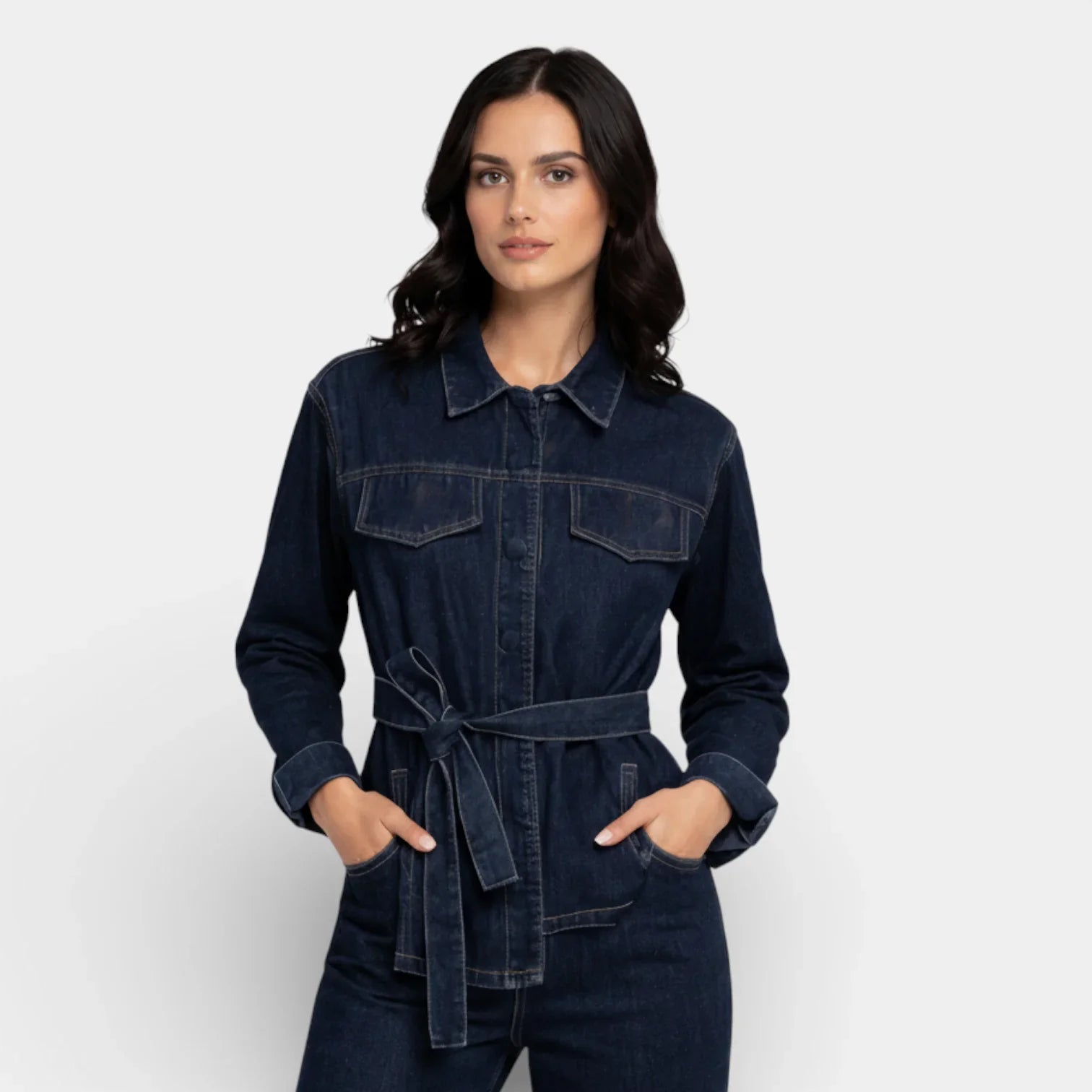 Women’s Denim Two Piece Set with Button Front Jacket and Straight Leg Jeans