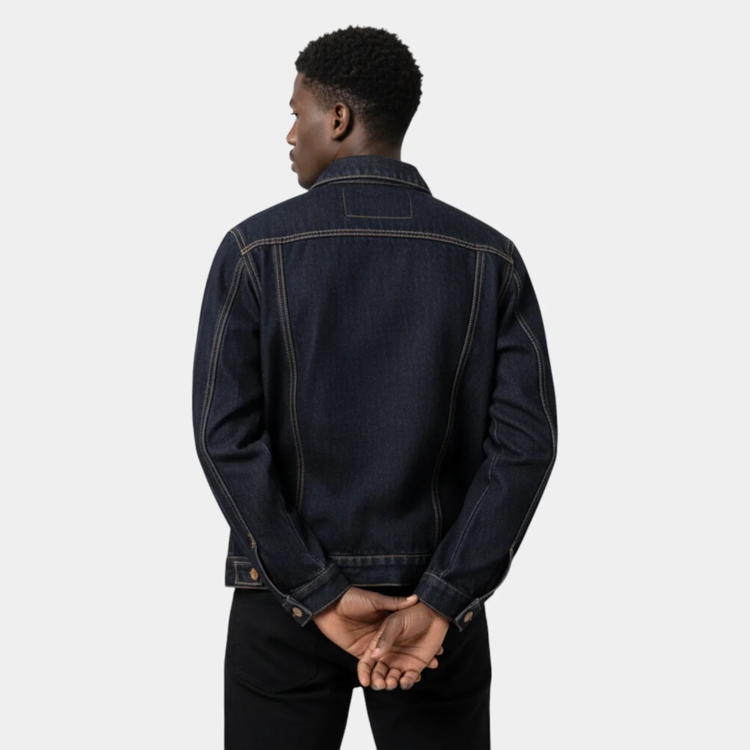 Men’s Black Classic Denim Trucker Jacket with Button Front Closure and Dual Flap Chest Pockets