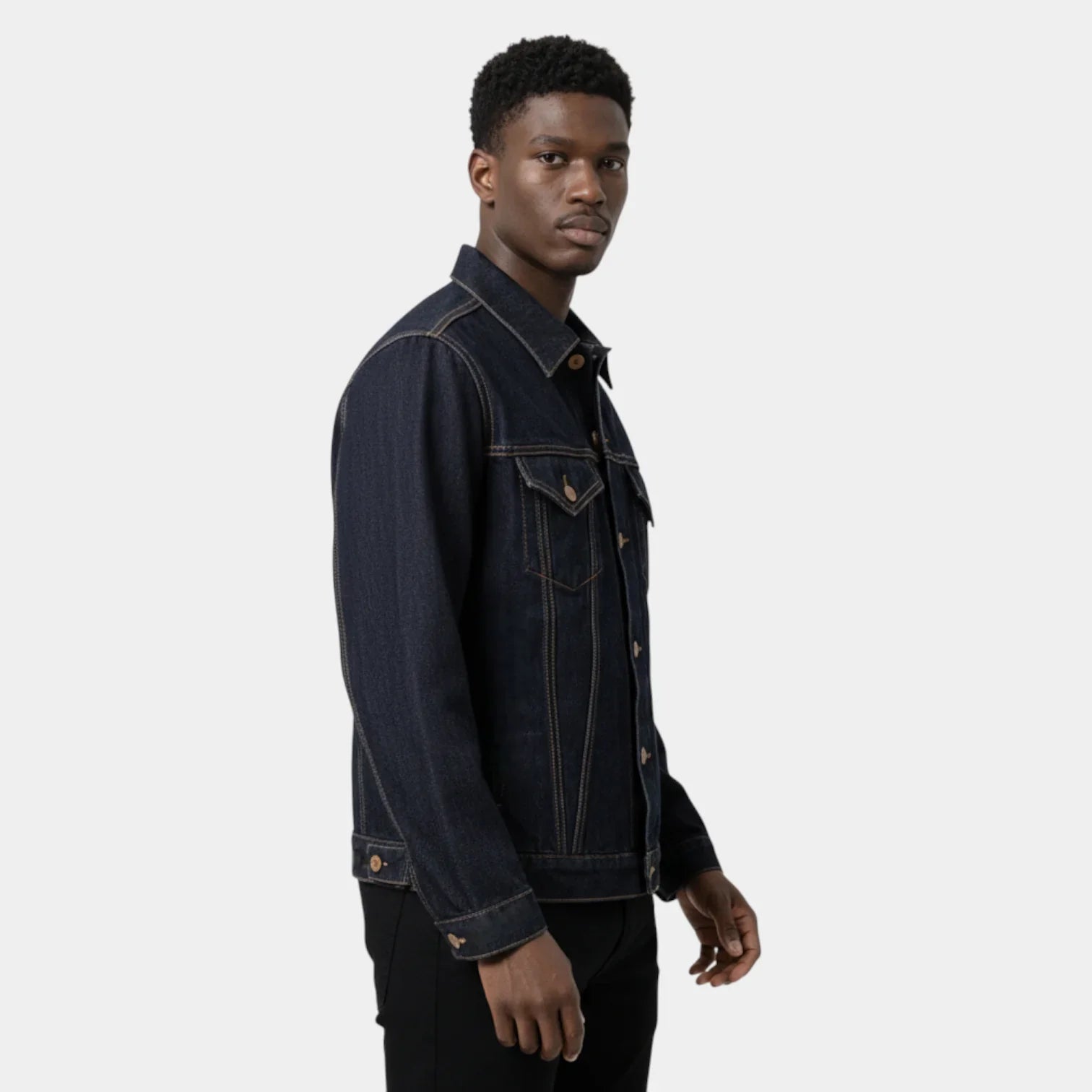 Men’s Black Classic Denim Trucker Jacket with Button Front Closure and Dual Flap Chest Pockets