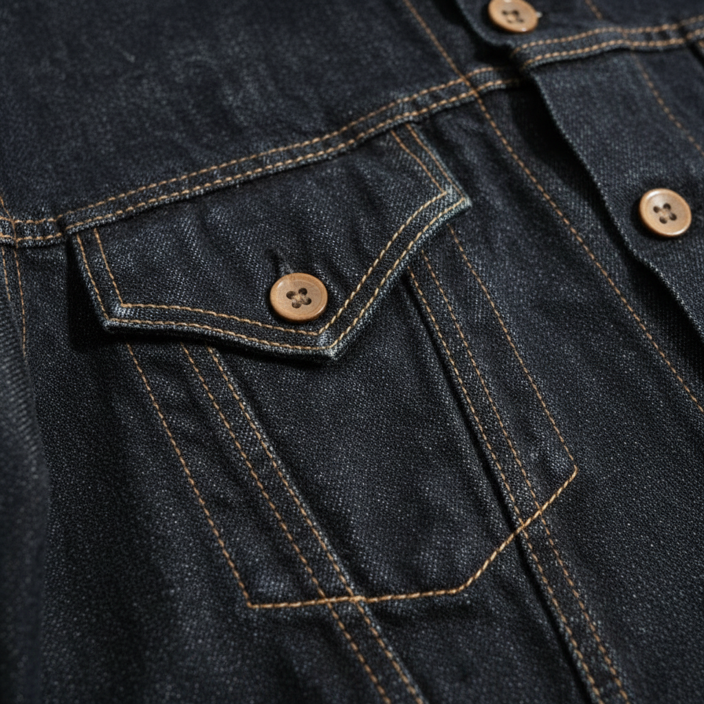 Men’s Black Classic Denim Trucker Jacket with Button Front Closure and Dual Flap Chest Pockets