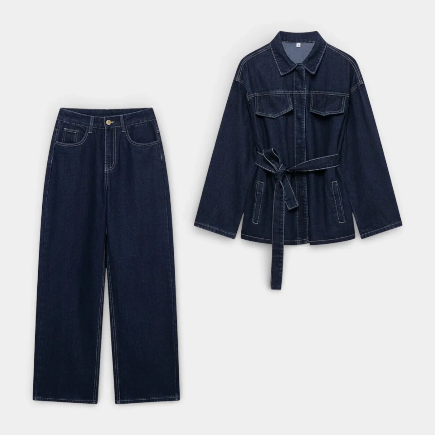 Women’s Denim Two Piece Set with Button Front Jacket and Straight Leg Jeans