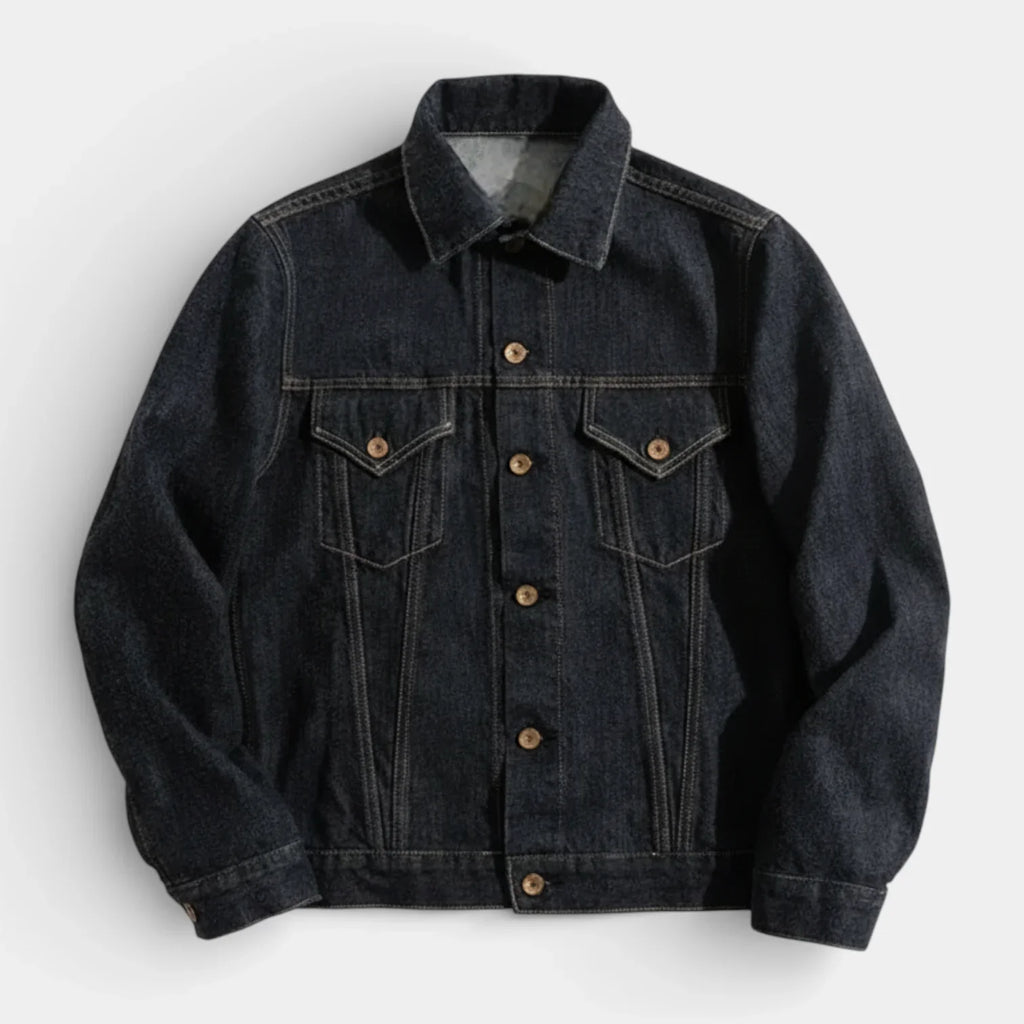 Men’s Black Classic Denim Trucker Jacket with Button Front Closure and Dual Flap Chest Pockets
