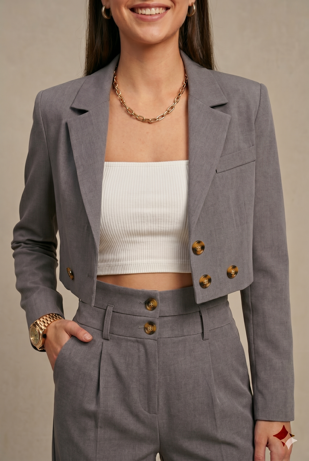 Women’s Two-Piece Set - Grey Cropped Blazer and High Waist Wide Leg Trousers