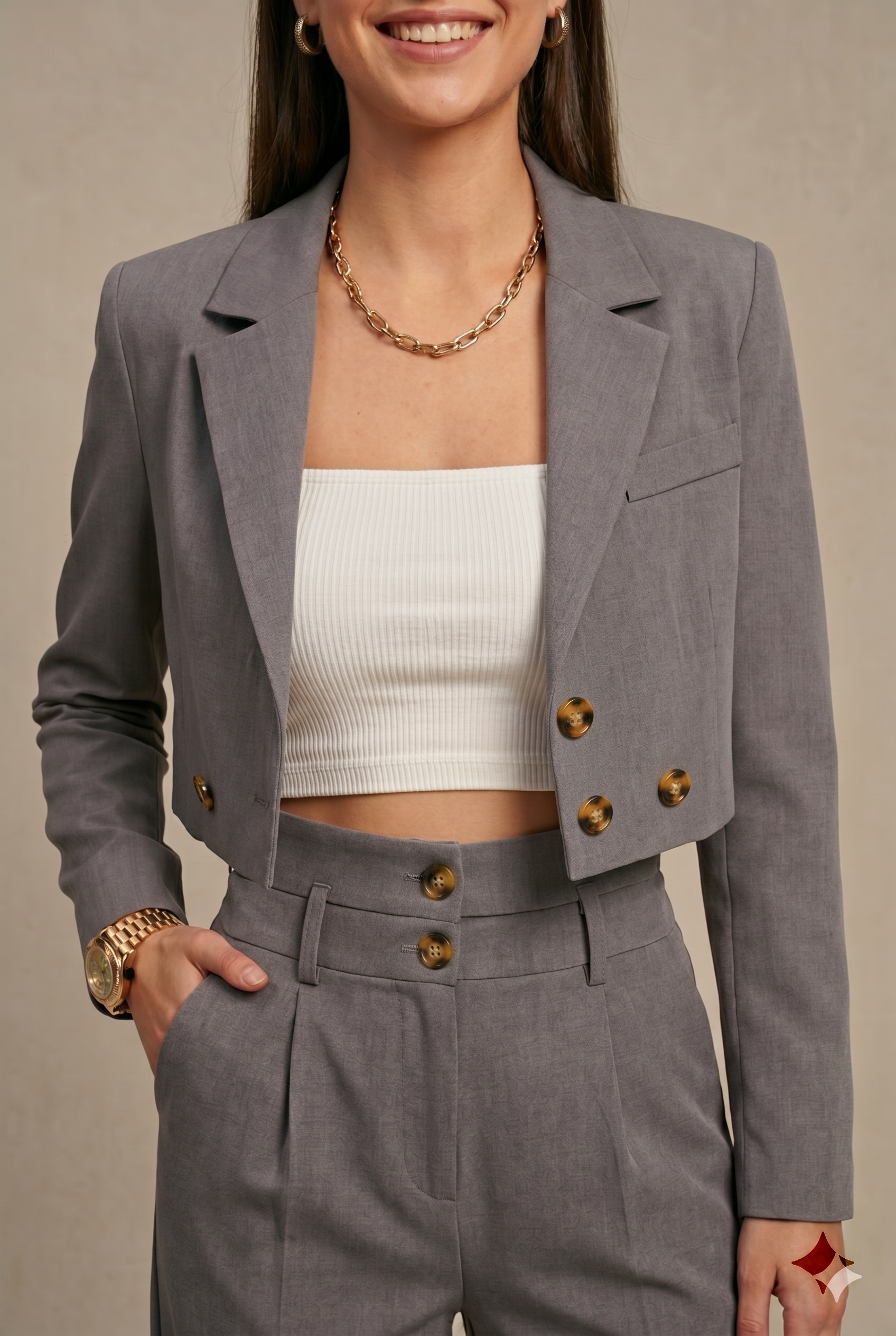 Women’s Two-Piece Set - Grey Cropped Blazer and High Waist Wide Leg Trousers