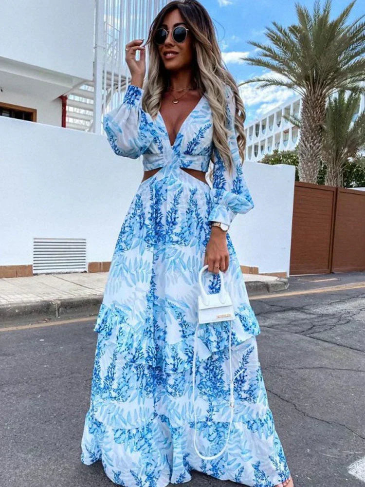 Women’s Printed Long Sleeve Maxi Dress with Cut-Out Waist