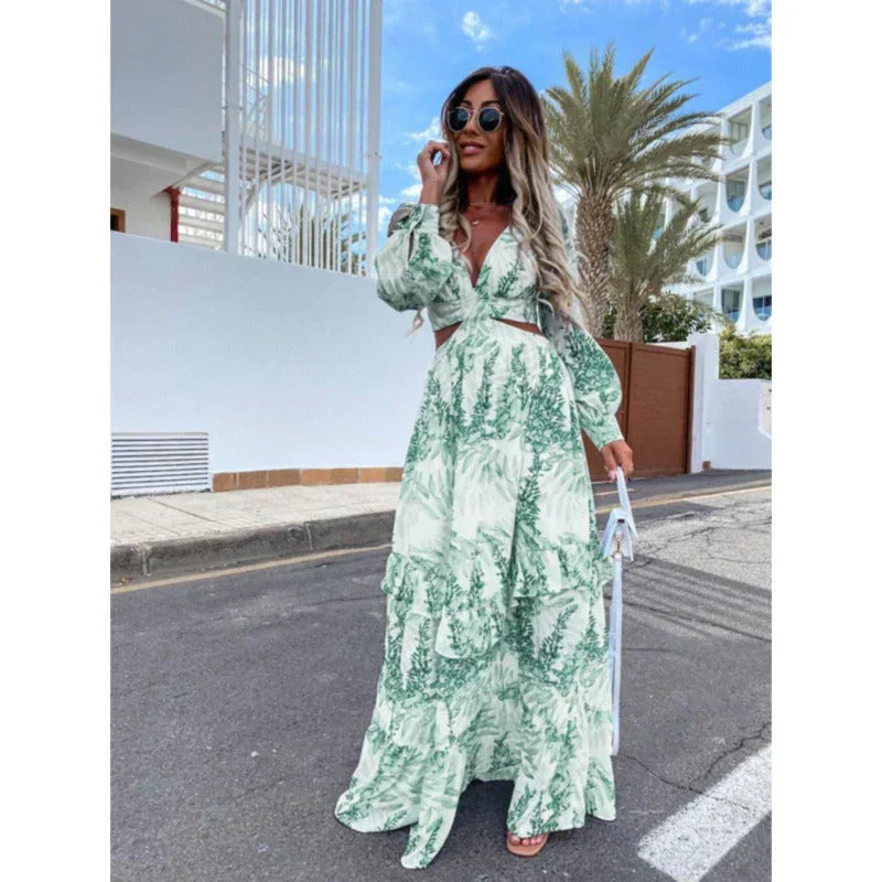 Women’s Printed Long Sleeve Maxi Dress with Cut-Out Waist
